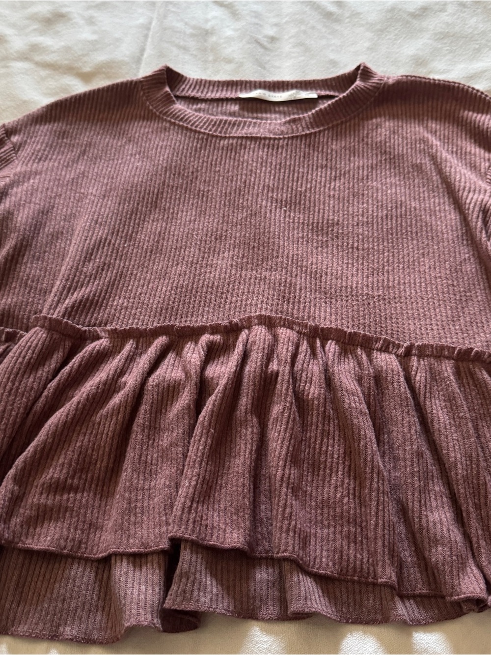 Altar'd State Mauve Ribbed Ruffle Peplum Top - Picture 2 of 7